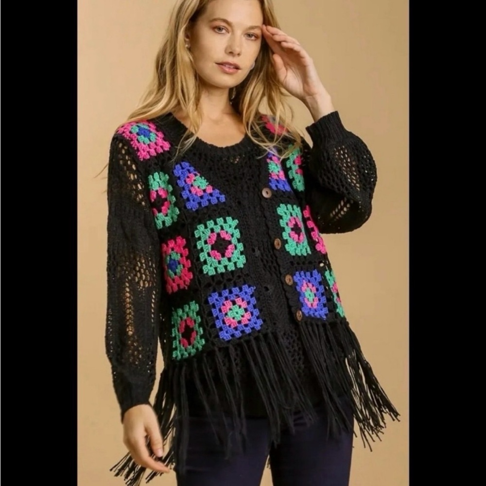 NEW!!! Umgee Granny Square Crochet Fringe Sweater VEST Sz Small, NWT - Picture 2 of 11